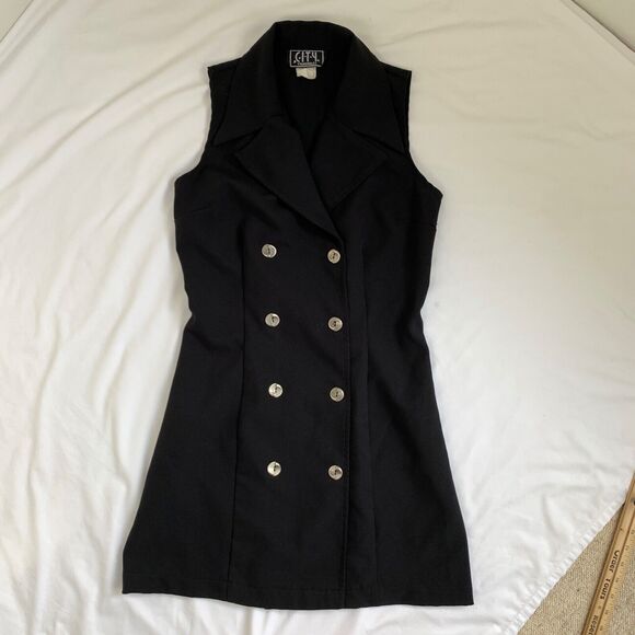 Vtg Y2K Double-Breasted Mini Dress Junior's 7 6 Black Retro Mod 60s Go-Go Girl - Picture 5 of 12